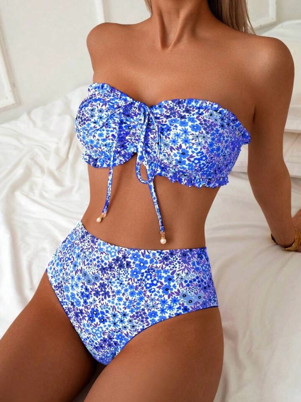 Blue Floral Strapless Bandeau Bikini Set Size XL